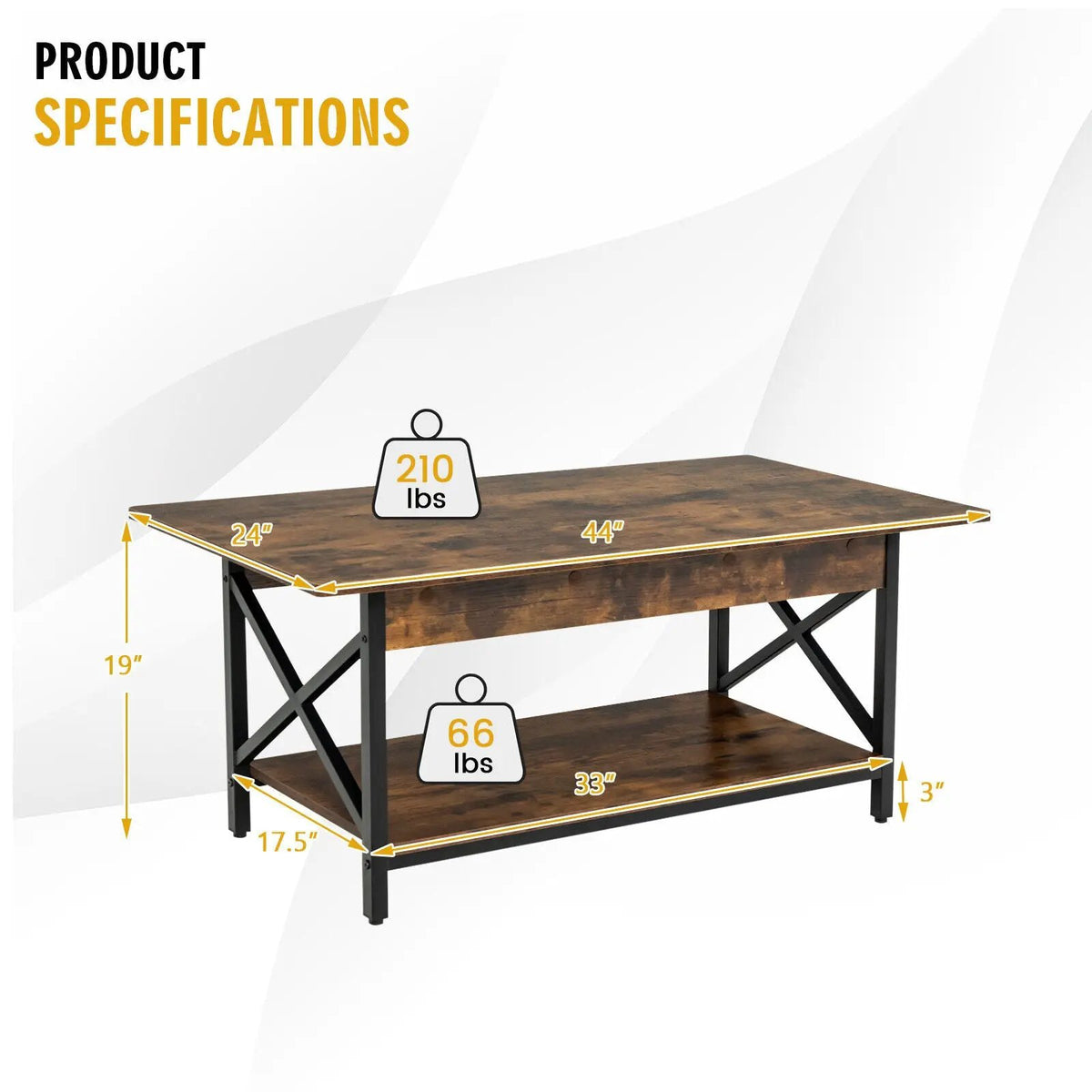 2-Tier Industrial Rectangular Coffee Table with Storage Shelf, photo 4 of 9