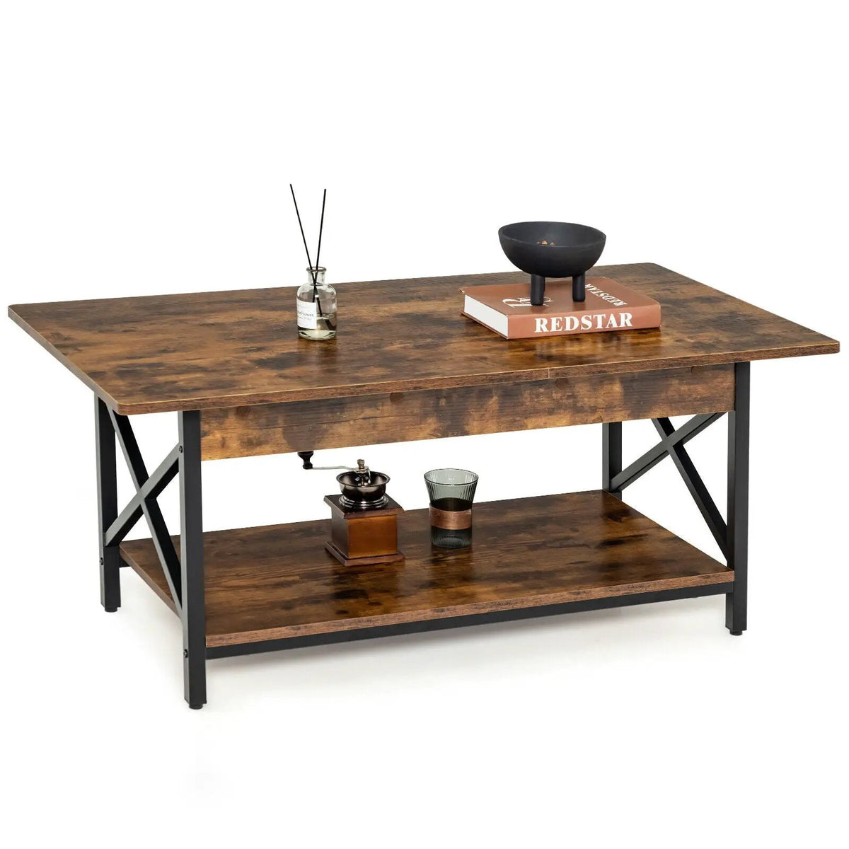 2-Tier Industrial Rectangular Coffee Table with Storage Shelf, photo 3 of 9