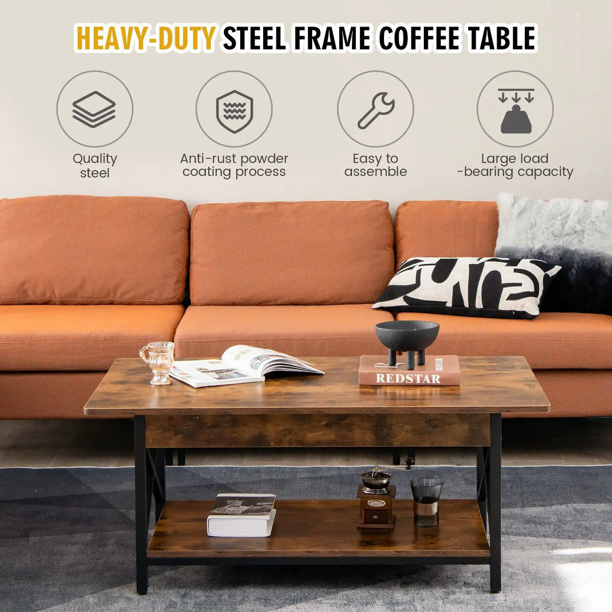 2-Tier Industrial Rectangular Coffee Table with Storage Shelf, photo 2 of 9