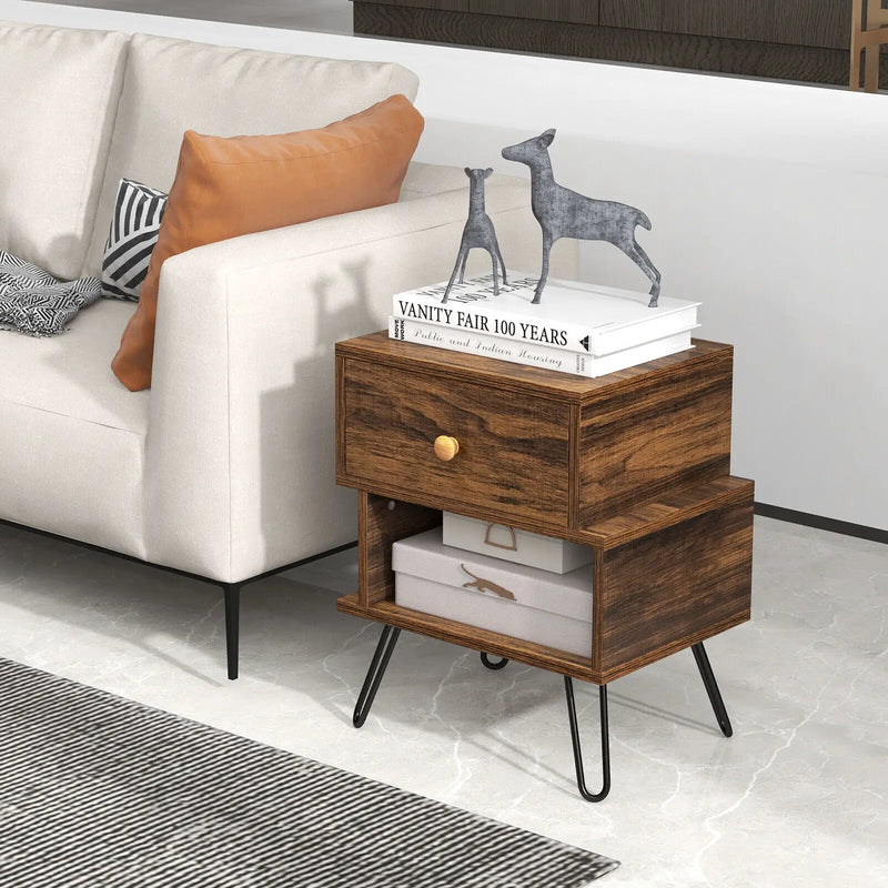 Set of 2 2-Tier Irregular Wooden Nightstands with Elevated Metal Feet-Walnut by DirectDeals