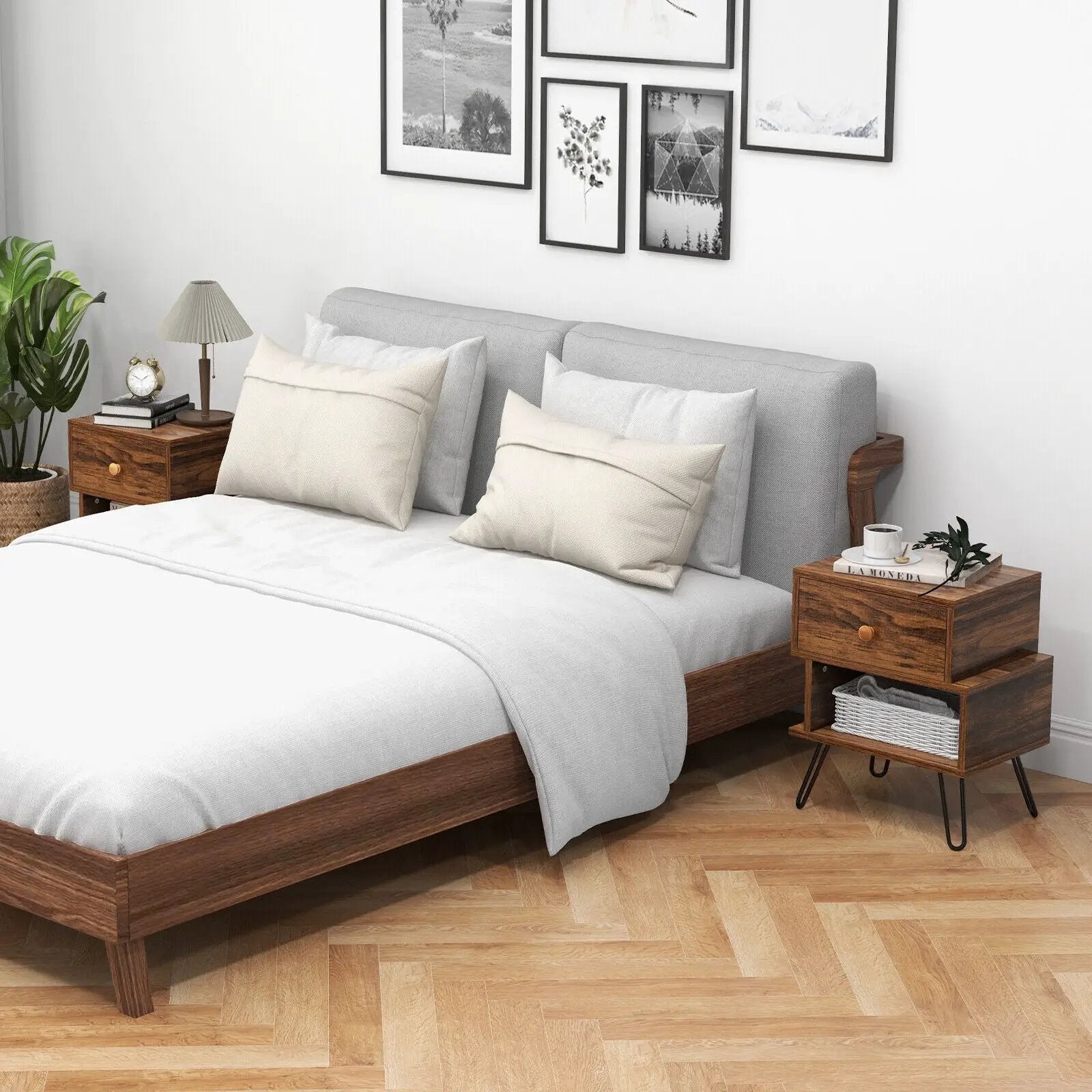 Set of 2 2-Tier Irregular Wooden Nightstands with Elevated Metal Feet-Walnut by DirectDeals