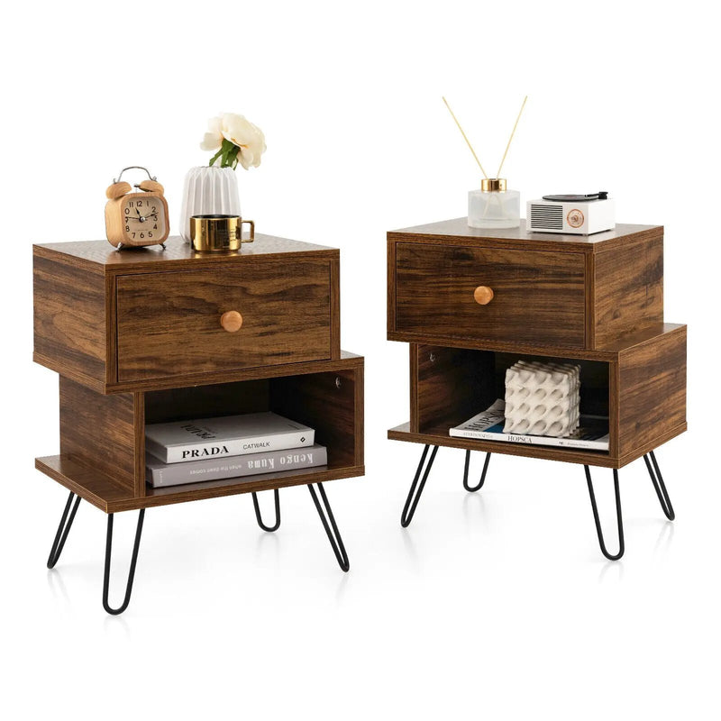 Set of 2 2-Tier Irregular Wooden Nightstands with Elevated Metal Feet-Walnut by DirectDeals