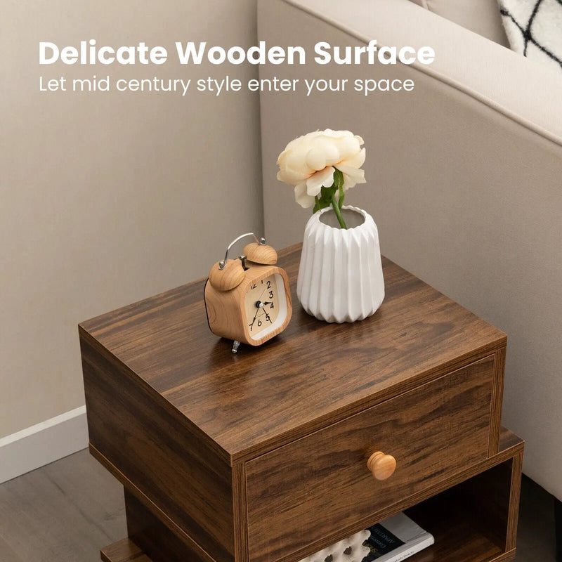 Set of 2 2-Tier Irregular Wooden Nightstands with Elevated Metal Feet-Walnut by DirectDeals