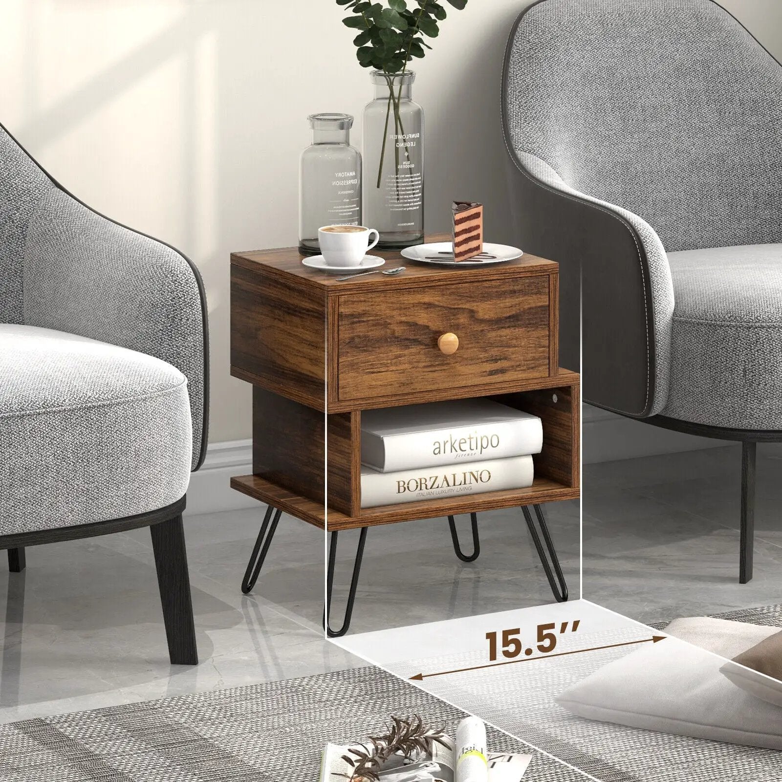 Set of 2 2-Tier Irregular Wooden Nightstands with Elevated Metal Feet-Walnut by DirectDeals