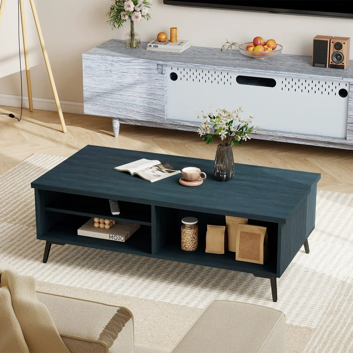 2-Tier Mid Century Modern Coffee Table with Storage Shelves Compartments, photo 14 of 16
