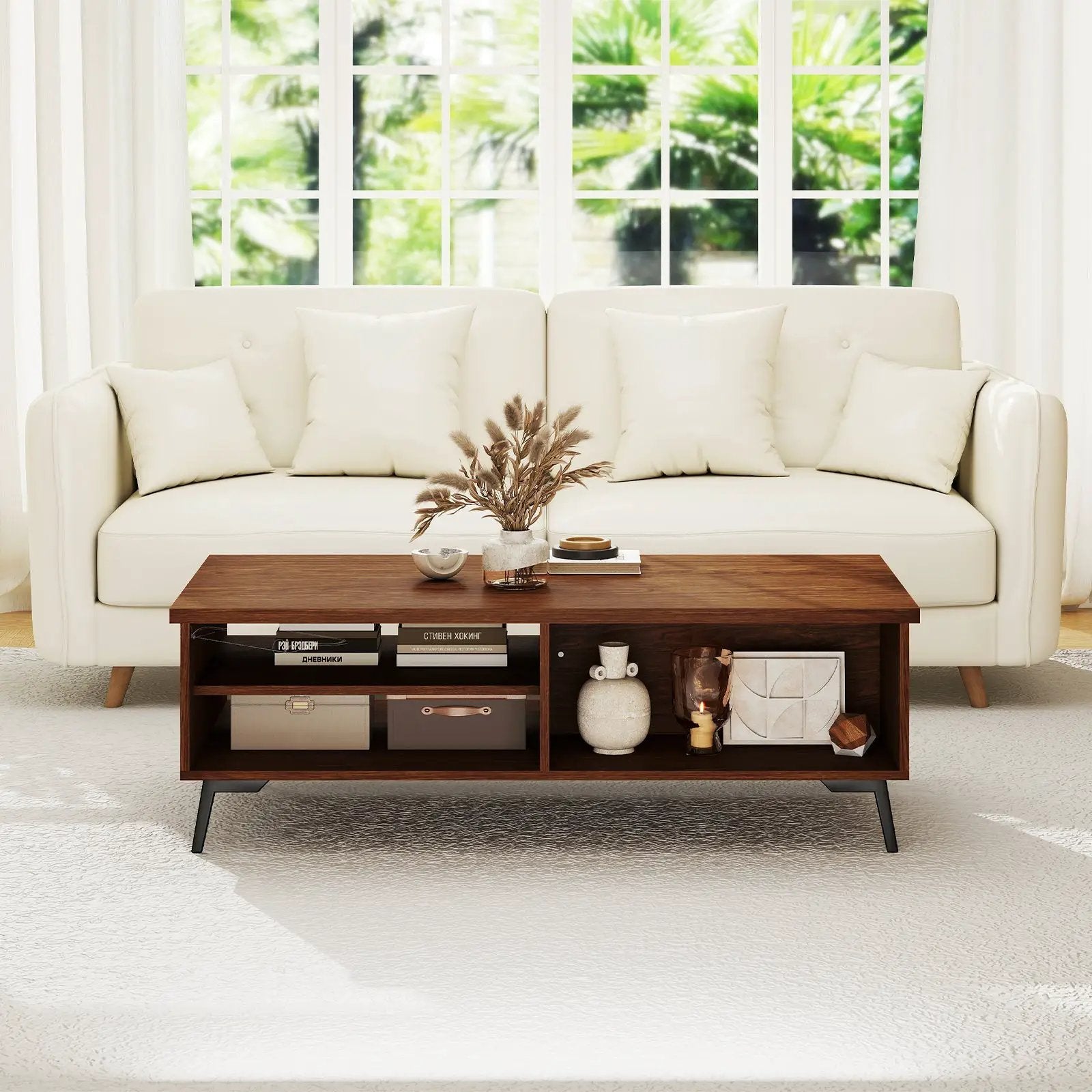 2-Tier Mid Century Modern Coffee Table with Storage Shelves Compartments by DirectDeals