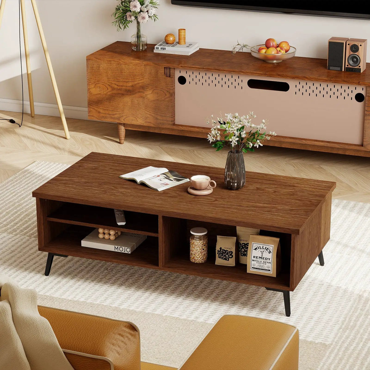 2-Tier Mid Century Modern Coffee Table with Storage Shelves Compartments, photo 5 of 16
