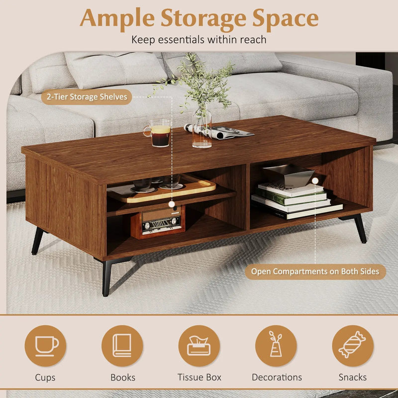 2-Tier Mid Century Modern Coffee Table with Storage Shelves Compartments by DirectDeals