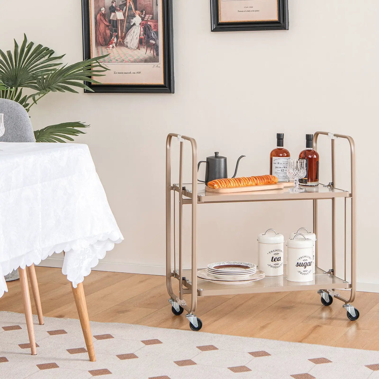 2-Tier Mobile Serving Cart with Tempered Glass Shelf-Golden by DirectDeals