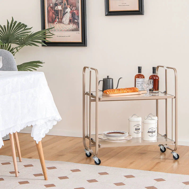 2-Tier Mobile Serving Cart with Tempered Glass Shelf-Golden by DirectDeals