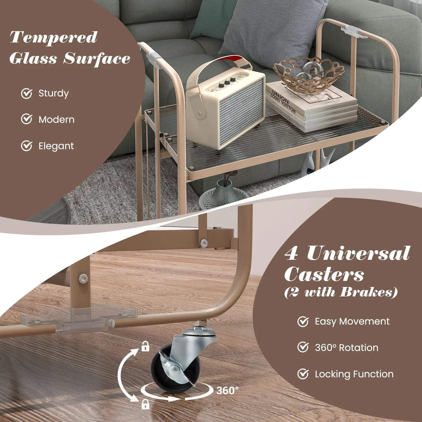 2-Tier Mobile Serving Cart with Tempered Glass Shelf-Golden by DirectDeals