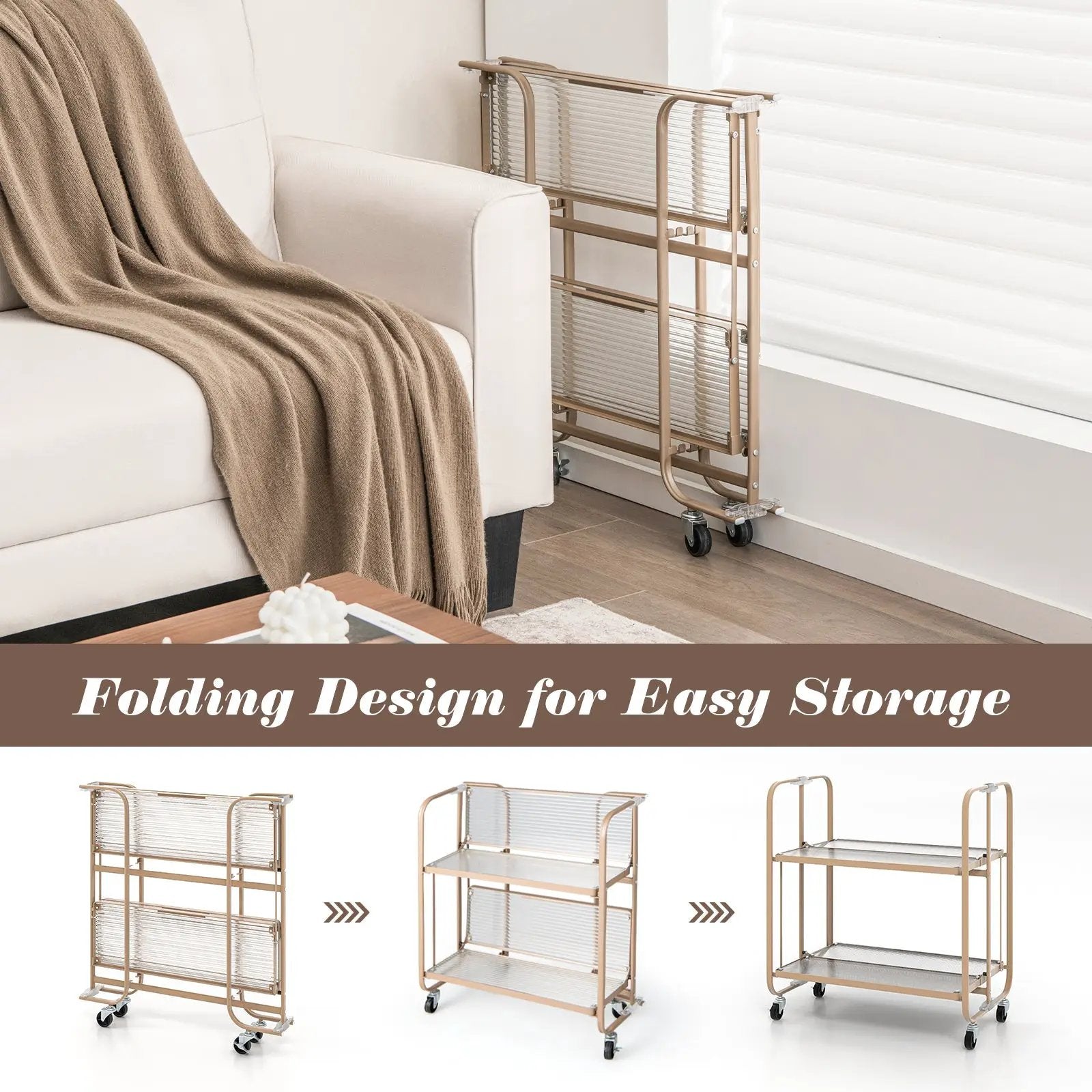 2-Tier Mobile Serving Cart with Tempered Glass Shelf-Golden by DirectDeals