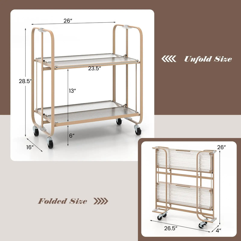 2-Tier Mobile Serving Cart with Tempered Glass Shelf-Golden by DirectDeals