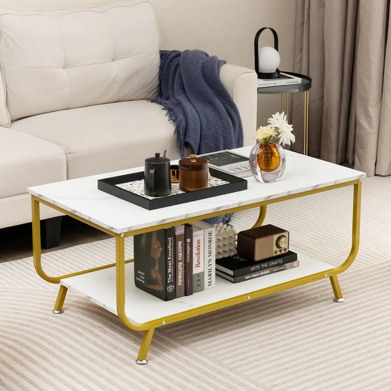 2-Tier Faux Marble Top Rectangular Coffee Table with Metal Frame-White by DirectDeals
