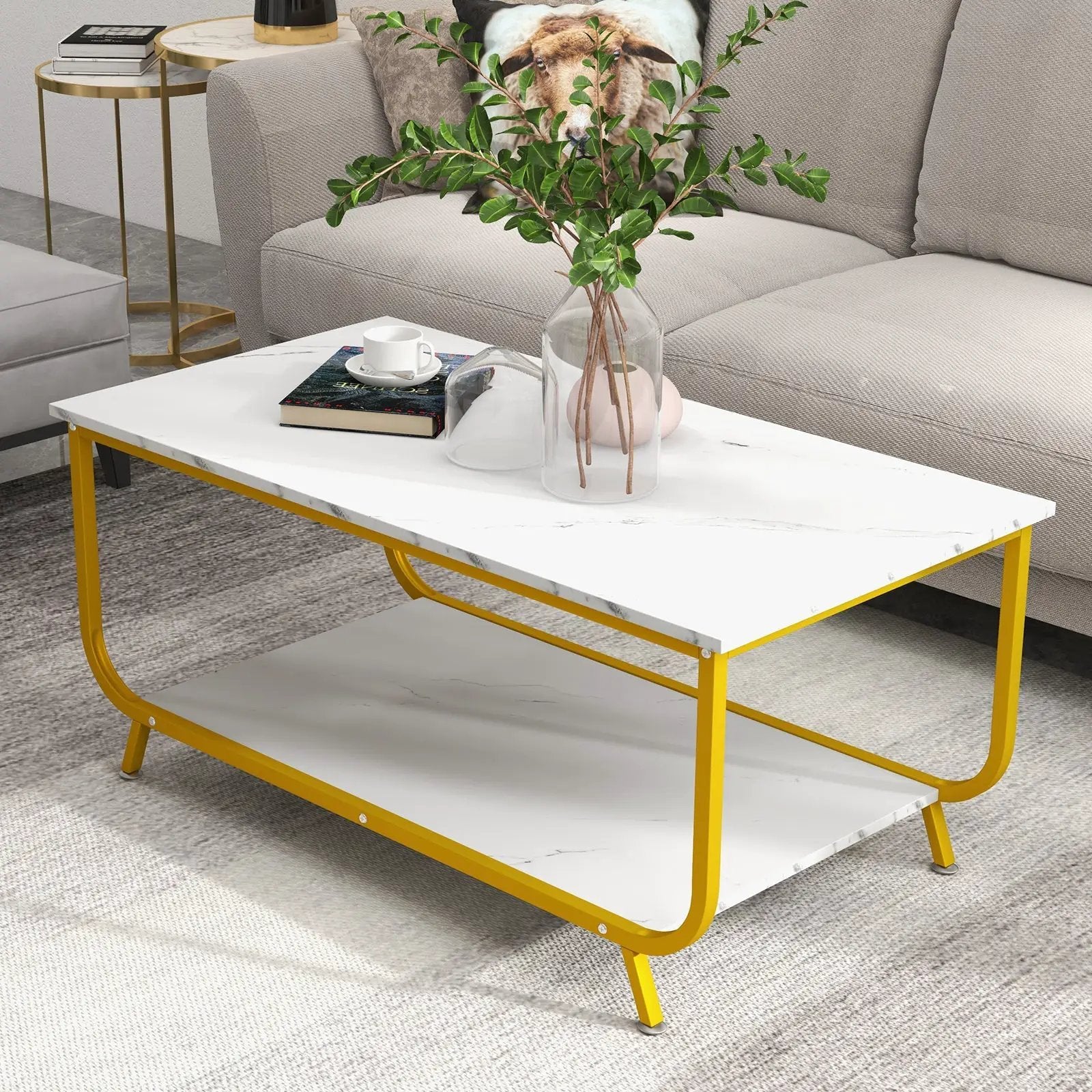 2-Tier Faux Marble Top Rectangular Coffee Table with Metal Frame-White by DirectDeals