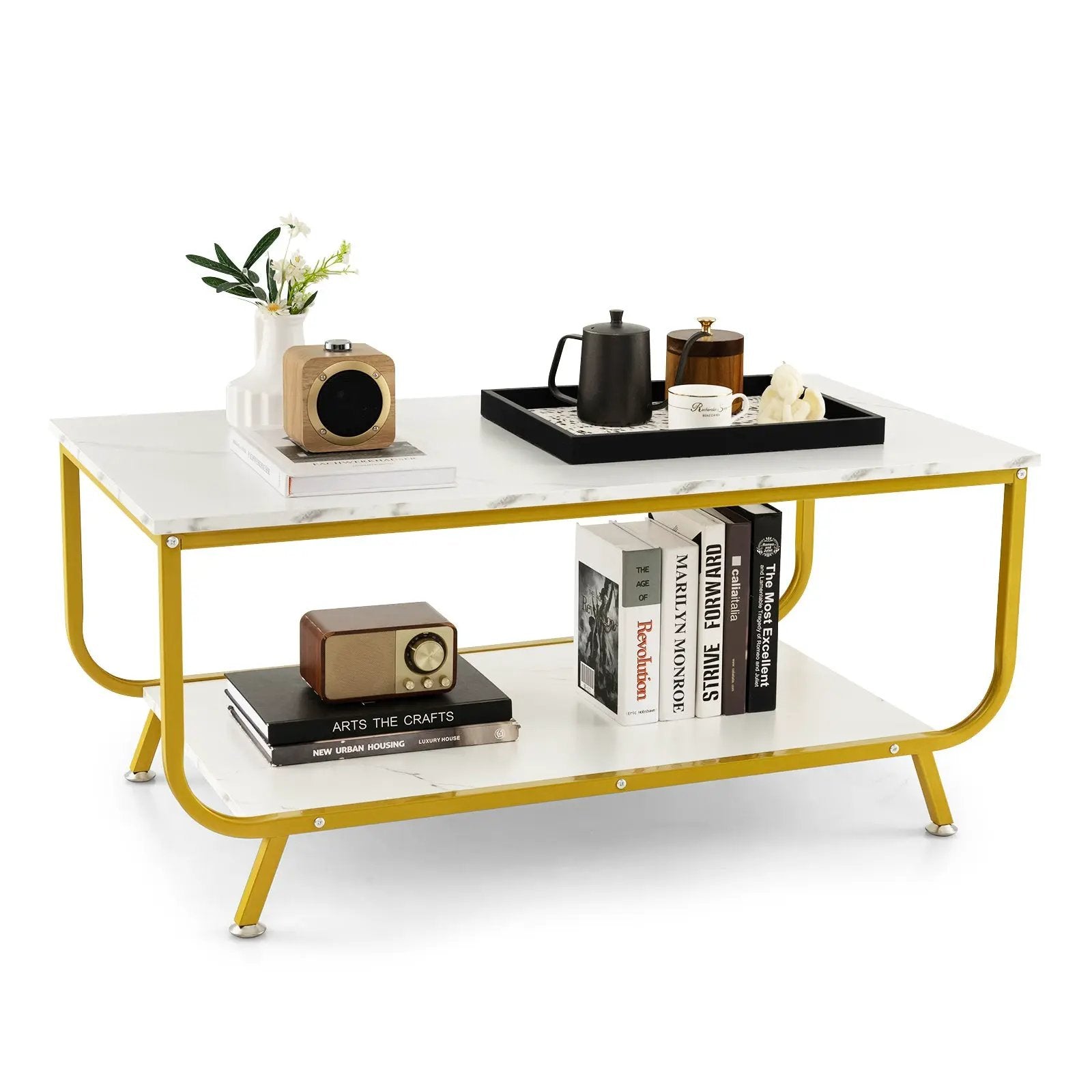 2-Tier Faux Marble Top Rectangular Coffee Table with Metal Frame-White by DirectDeals