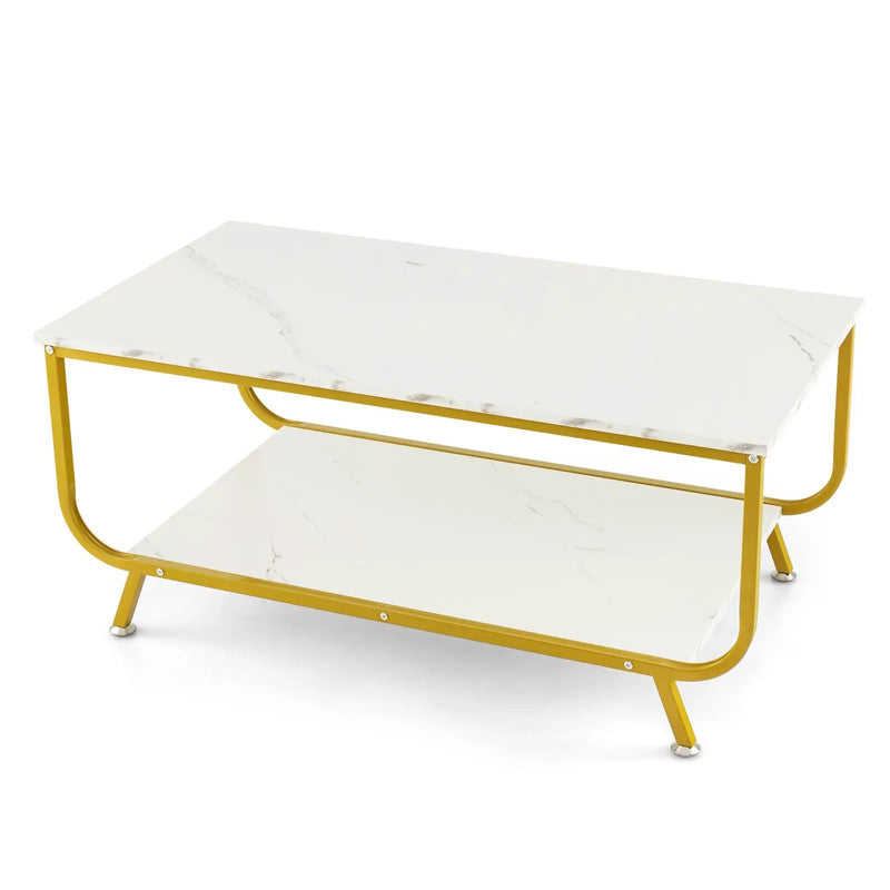 2-Tier Faux Marble Top Rectangular Coffee Table with Metal Frame-White by DirectDeals