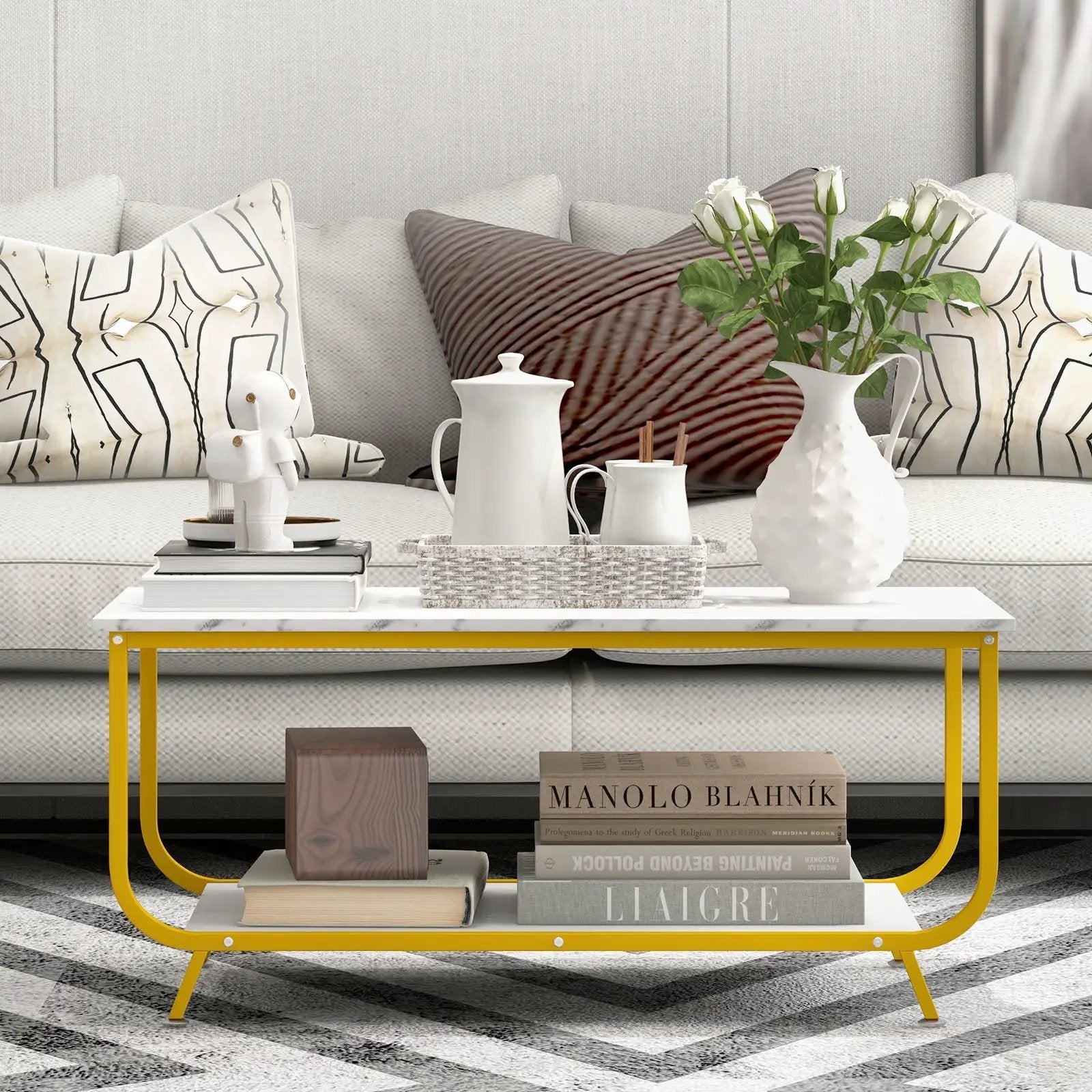 2-Tier Faux Marble Top Rectangular Coffee Table with Metal Frame-White by DirectDeals