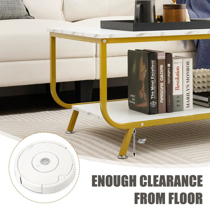 2-Tier Faux Marble Top Rectangular Coffee Table with Metal Frame-White by DirectDeals