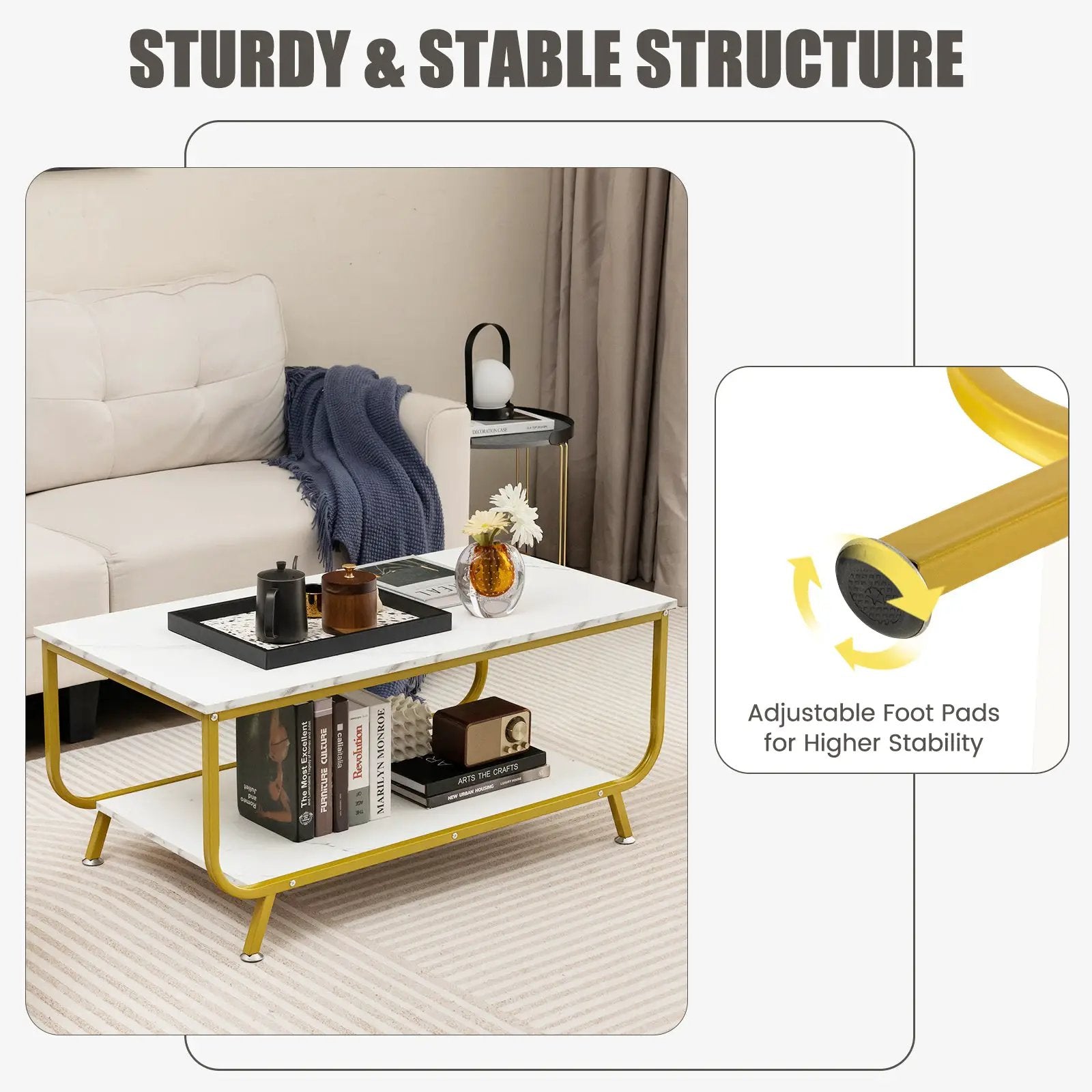 2-Tier Faux Marble Top Rectangular Coffee Table with Metal Frame-White by DirectDeals