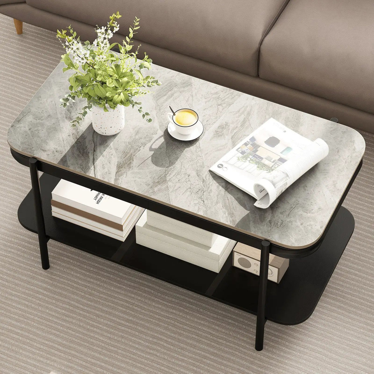 2-Tier Modern Rectangular Coffee Table with Sintered Stone Top, photo 12 of 16