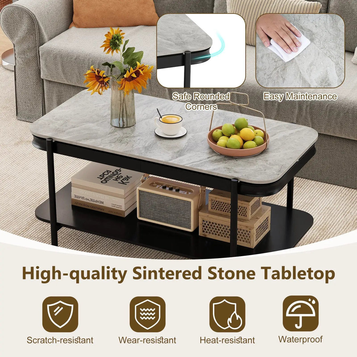 2-Tier Modern Rectangular Coffee Table with Sintered Stone Top, photo 14 of 16