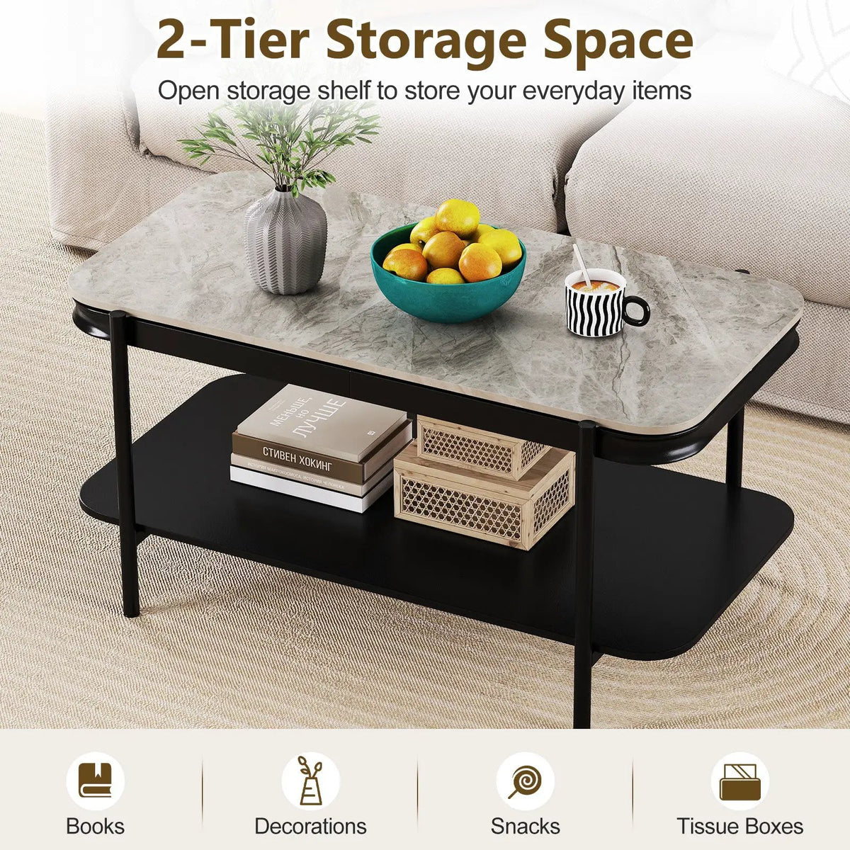 2-Tier Modern Rectangular Coffee Table with Sintered Stone Top, photo 16 of 16