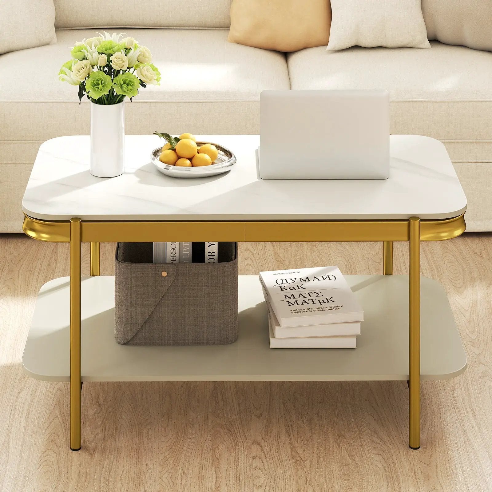 2-Tier Modern Rectangular Coffee Table with Sintered Stone Top by DirectDeals