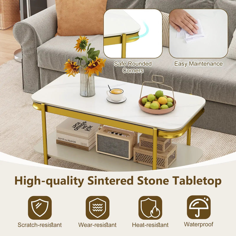 2-Tier Modern Rectangular Coffee Table with Sintered Stone Top by DirectDeals