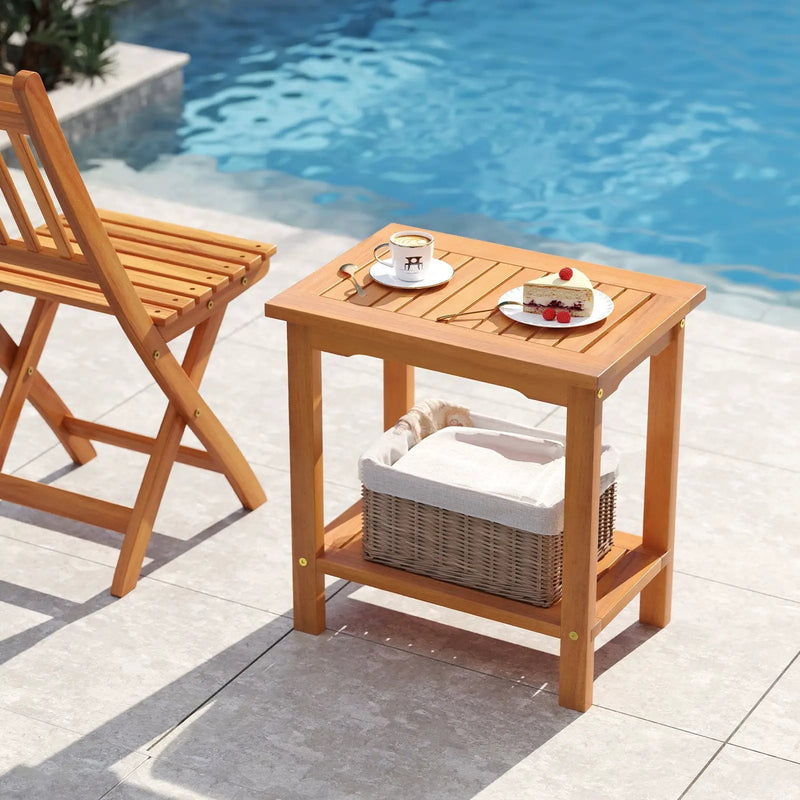 2-Tier Outdoor Acacia Wood Side Table with Slatted Tabletop and Storage Shelf by DirectDeals