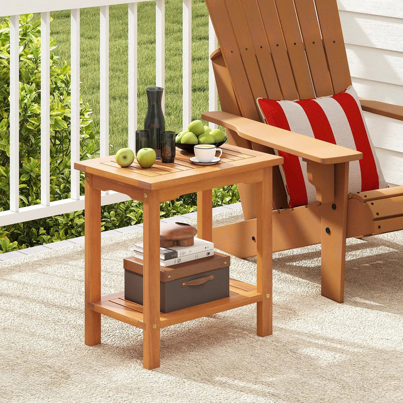2-Tier Outdoor Acacia Wood Side Table with Slatted Tabletop and Storage Shelf by DirectDeals