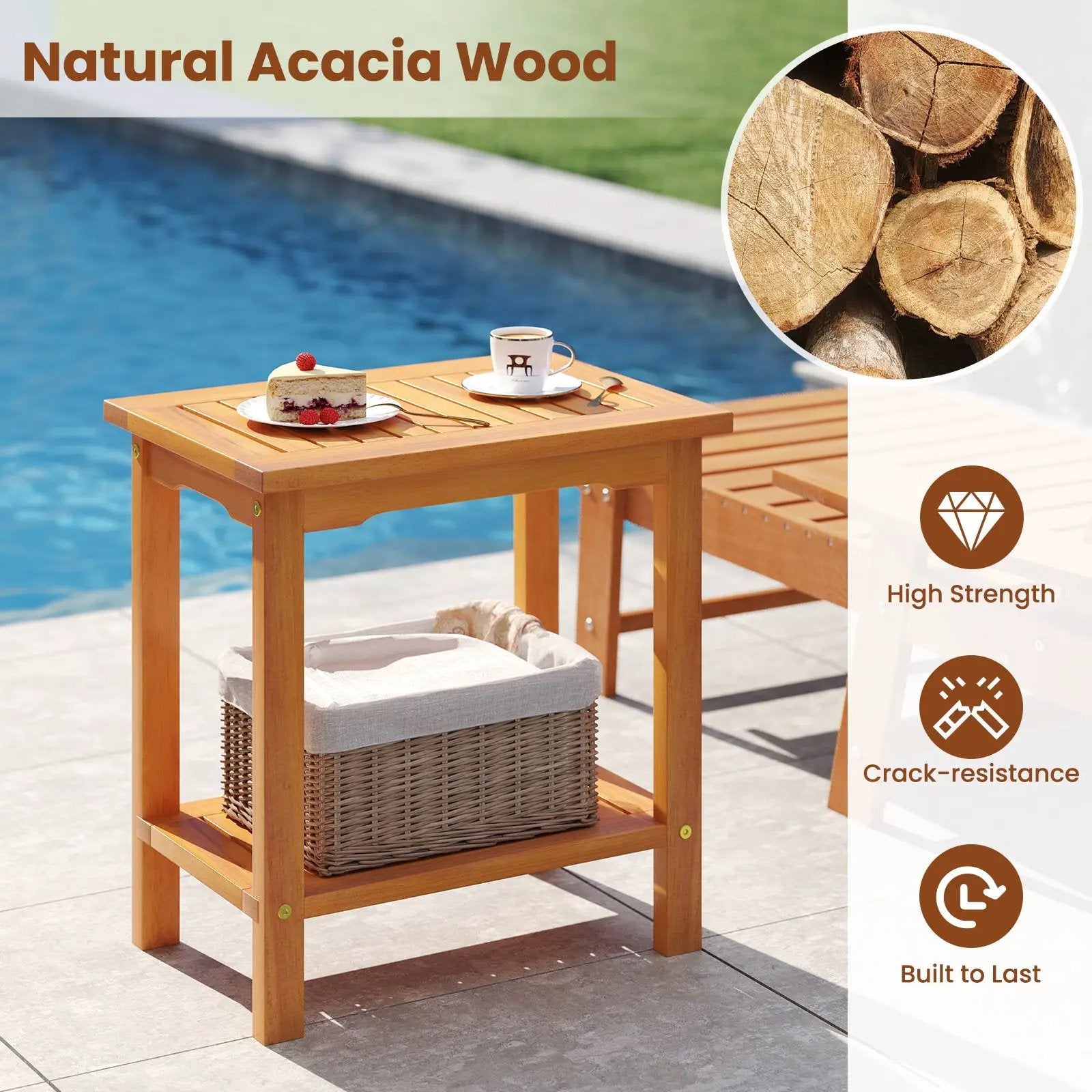 2-Tier Outdoor Acacia Wood Side Table with Slatted Tabletop and Storage Shelf by DirectDeals