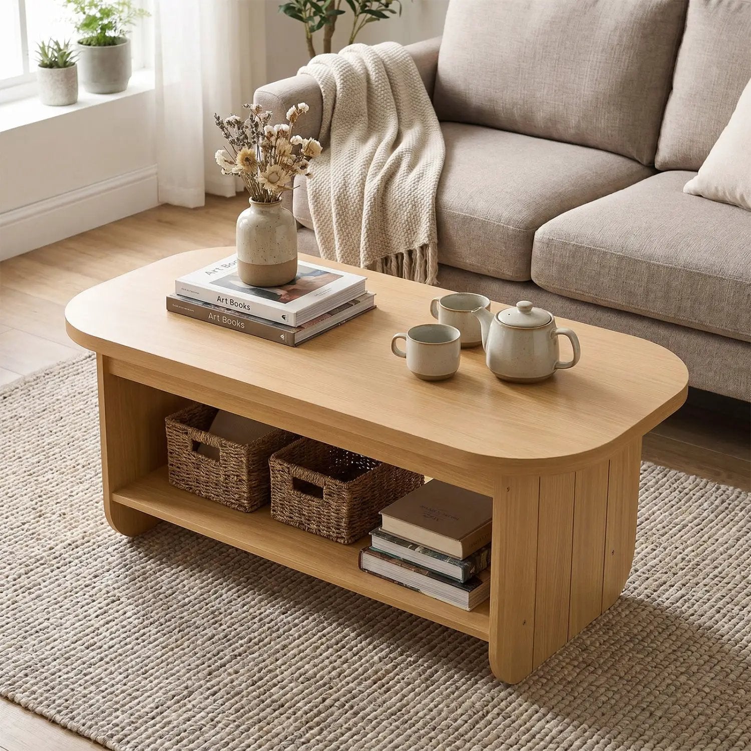 2-Tier Oval Coffee Table for Living Room Mid Century Center Table with Bottom Storage Shelf by DirectDeals