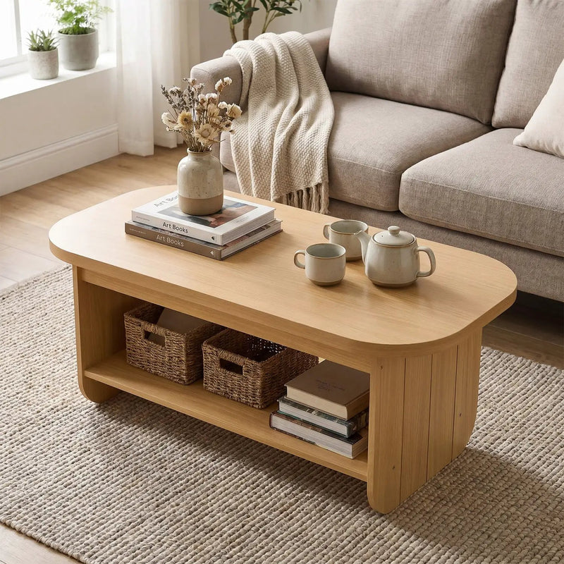 2-Tier Oval Coffee Table for Living Room Mid Century Center Table with Bottom Storage Shelf by DirectDeals