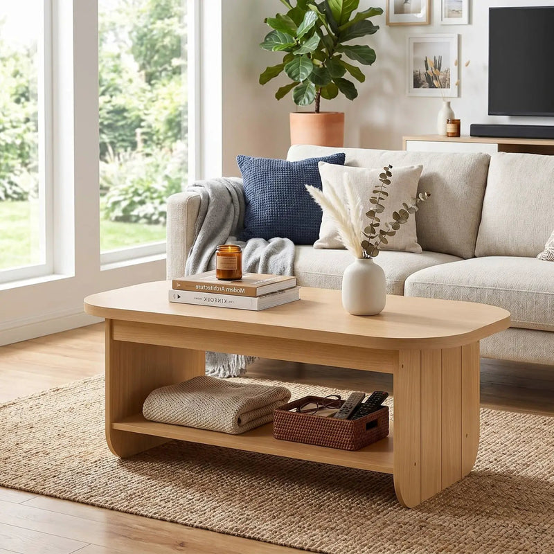 2-Tier Oval Coffee Table for Living Room Mid Century Center Table with Bottom Storage Shelf by DirectDeals