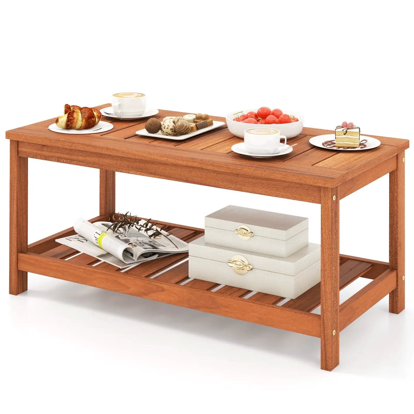 2-Tier Patio Coffee Table with Slatted Tabletop and Shelf by DirectDeals