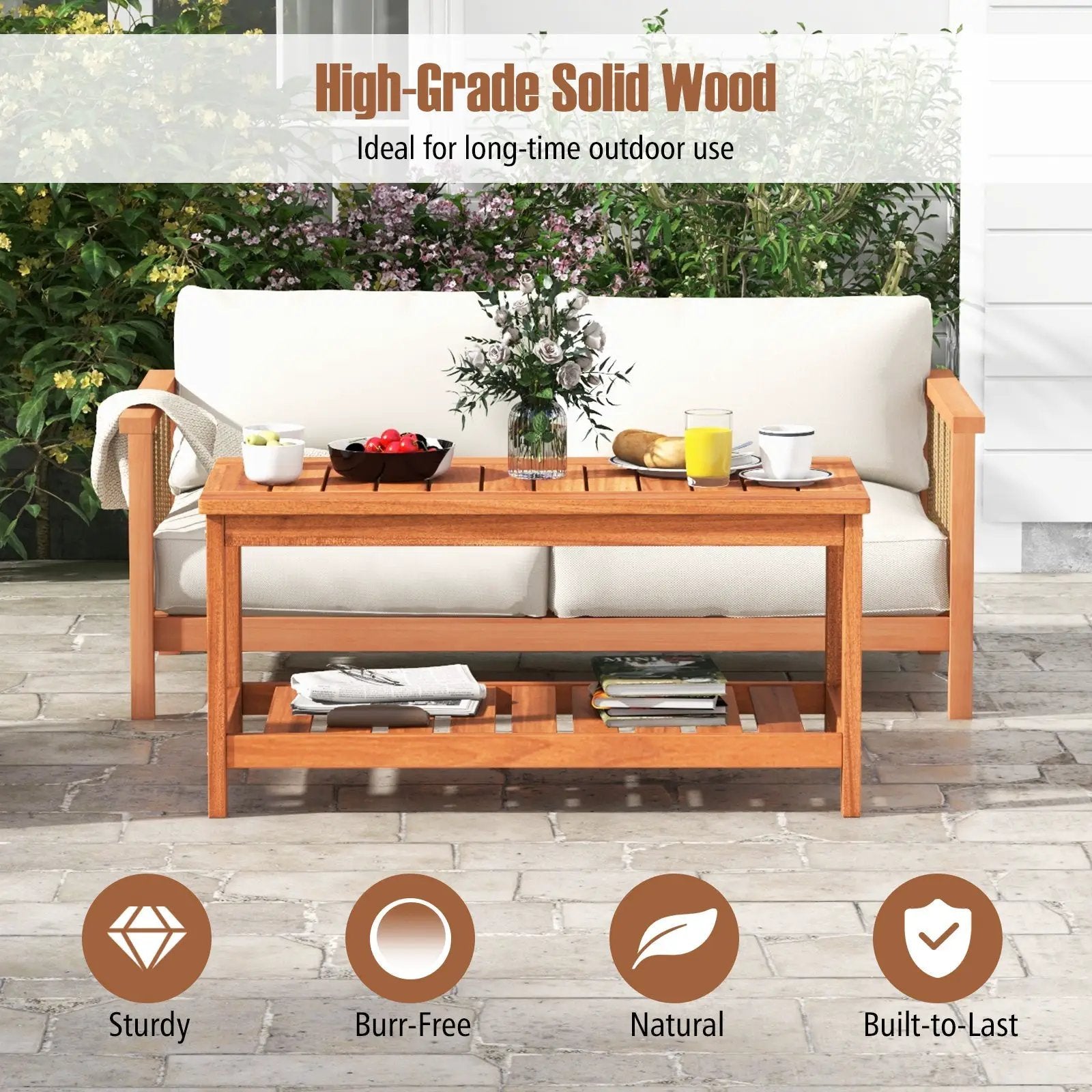 2-Tier Patio Coffee Table with Slatted Tabletop and Shelf by DirectDeals