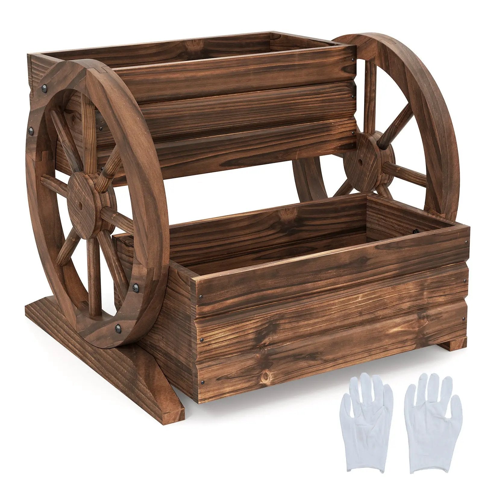 2-Tier Raised Garden Bed Rustic Wood Wagon Shape with Drainage Holes and Wheels-Coffee by DirectDeals
