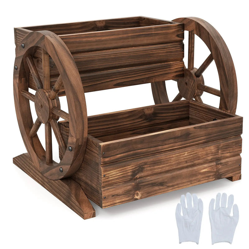 2-Tier Raised Garden Bed Rustic Wood Wagon Shape with Drainage Holes and Wheels-Coffee by DirectDeals