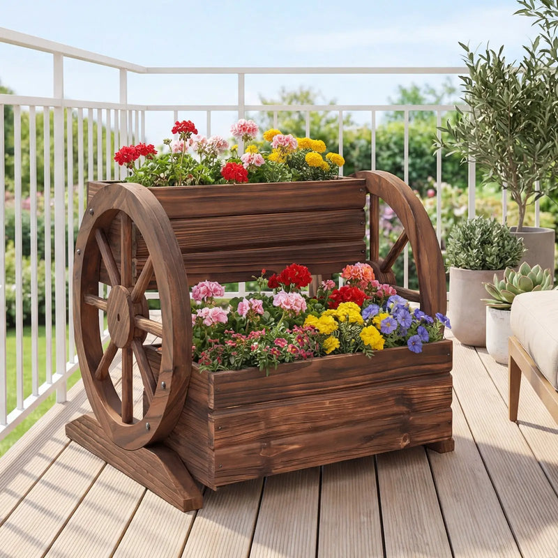 2-Tier Raised Garden Bed Rustic Wood Wagon Shape with Drainage Holes and Wheels-Coffee by DirectDeals