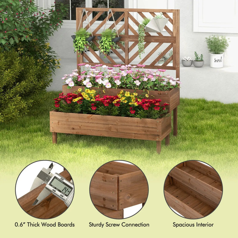 2-Tier Raised Garden Bed with Trellis-Brown by DirectDeals