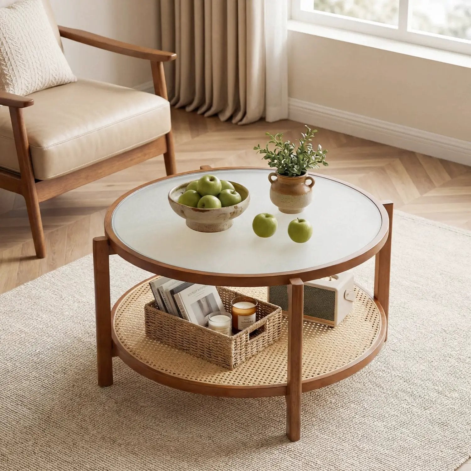 2-Tier Rattan Coffee Table with Frosted Glass Top by DirectDeals