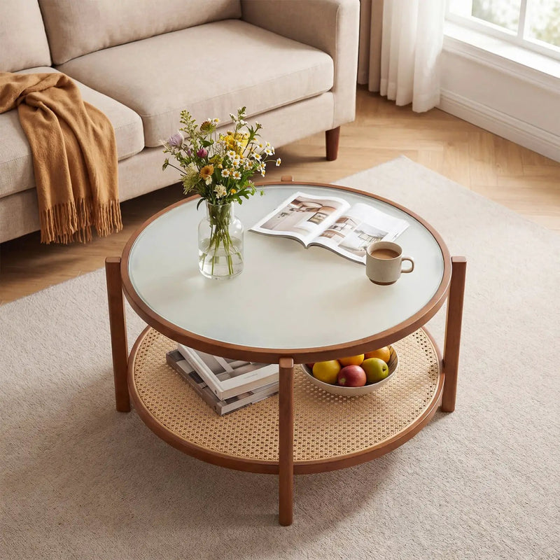 2-Tier Rattan Coffee Table with Frosted Glass Top by DirectDeals
