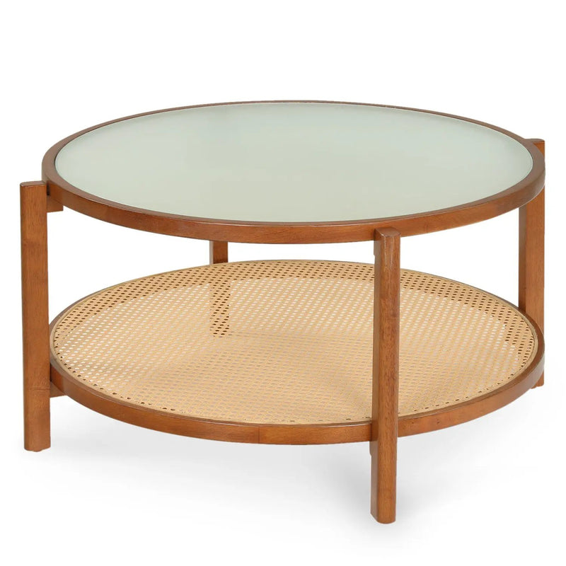 2-Tier Rattan Coffee Table with Frosted Glass Top by DirectDeals
