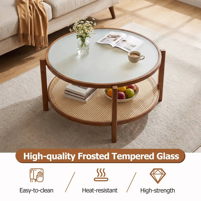 2-Tier Rattan Coffee Table with Frosted Glass Top by DirectDeals