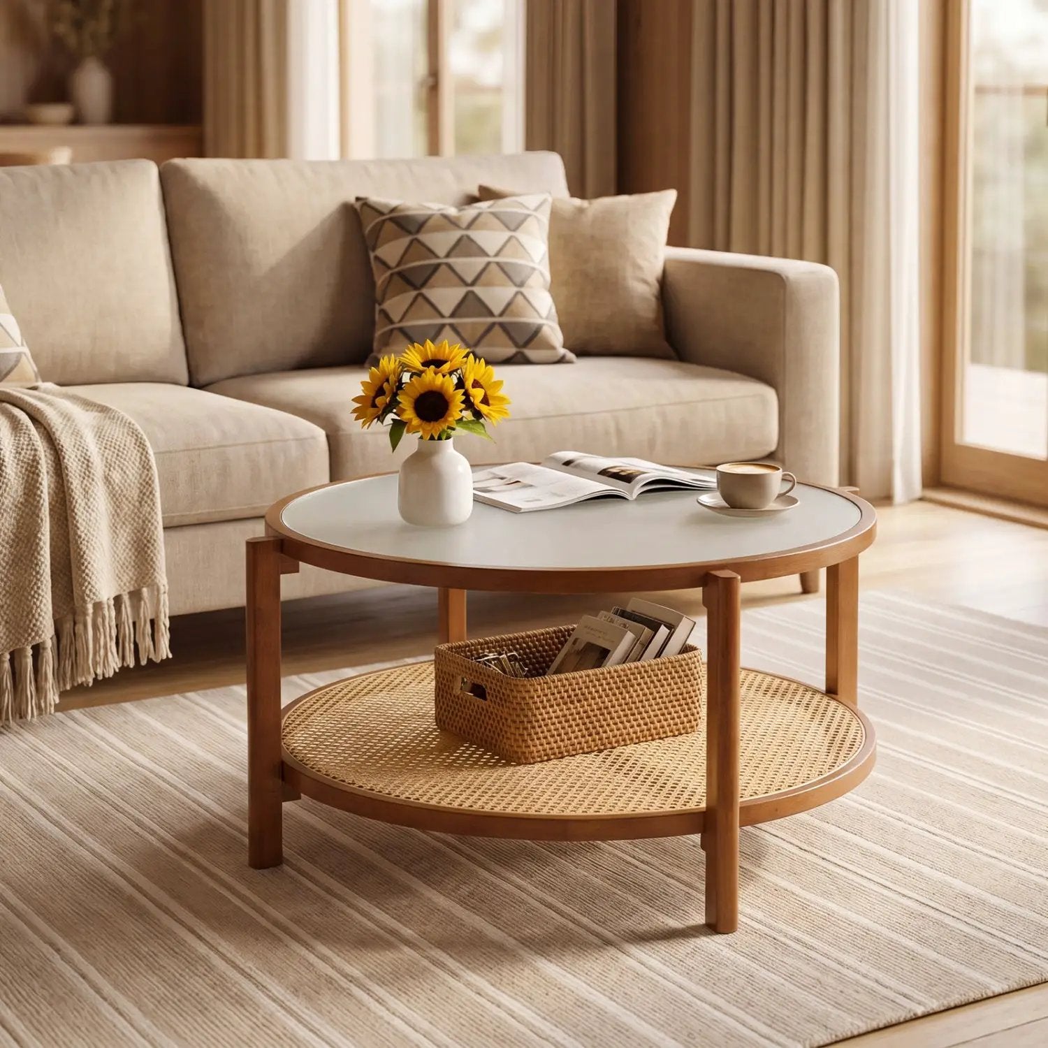 2-Tier Rattan Coffee Table with Frosted Glass Top by DirectDeals