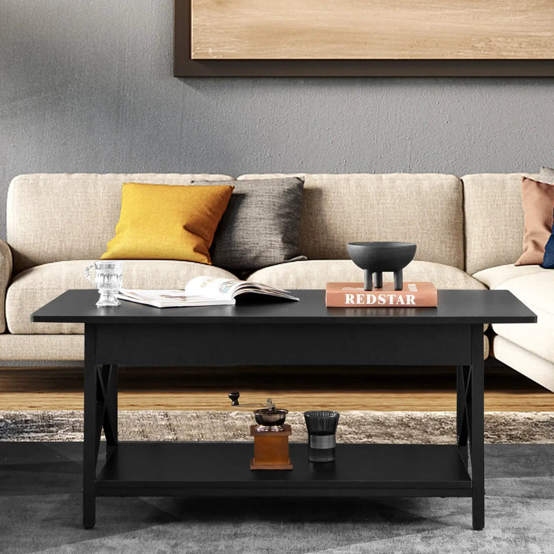 2-Tier Rectangle Coffee Table with Storage Shelf and X-shaped Metal Frame-Black by DirectDeals