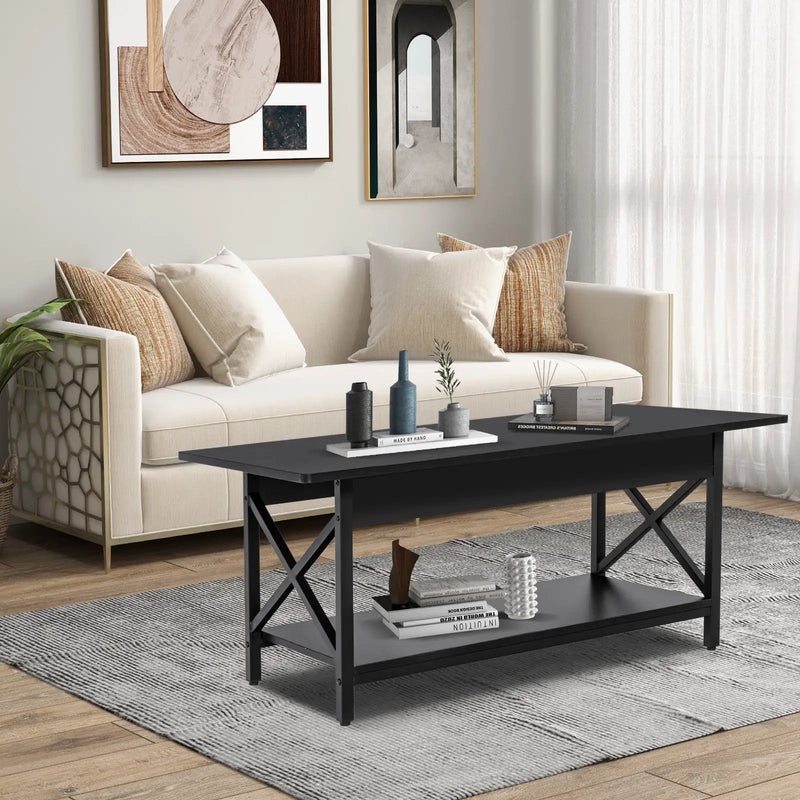 2-Tier Rectangle Coffee Table with Storage Shelf and X-shaped Metal Frame-Black by DirectDeals