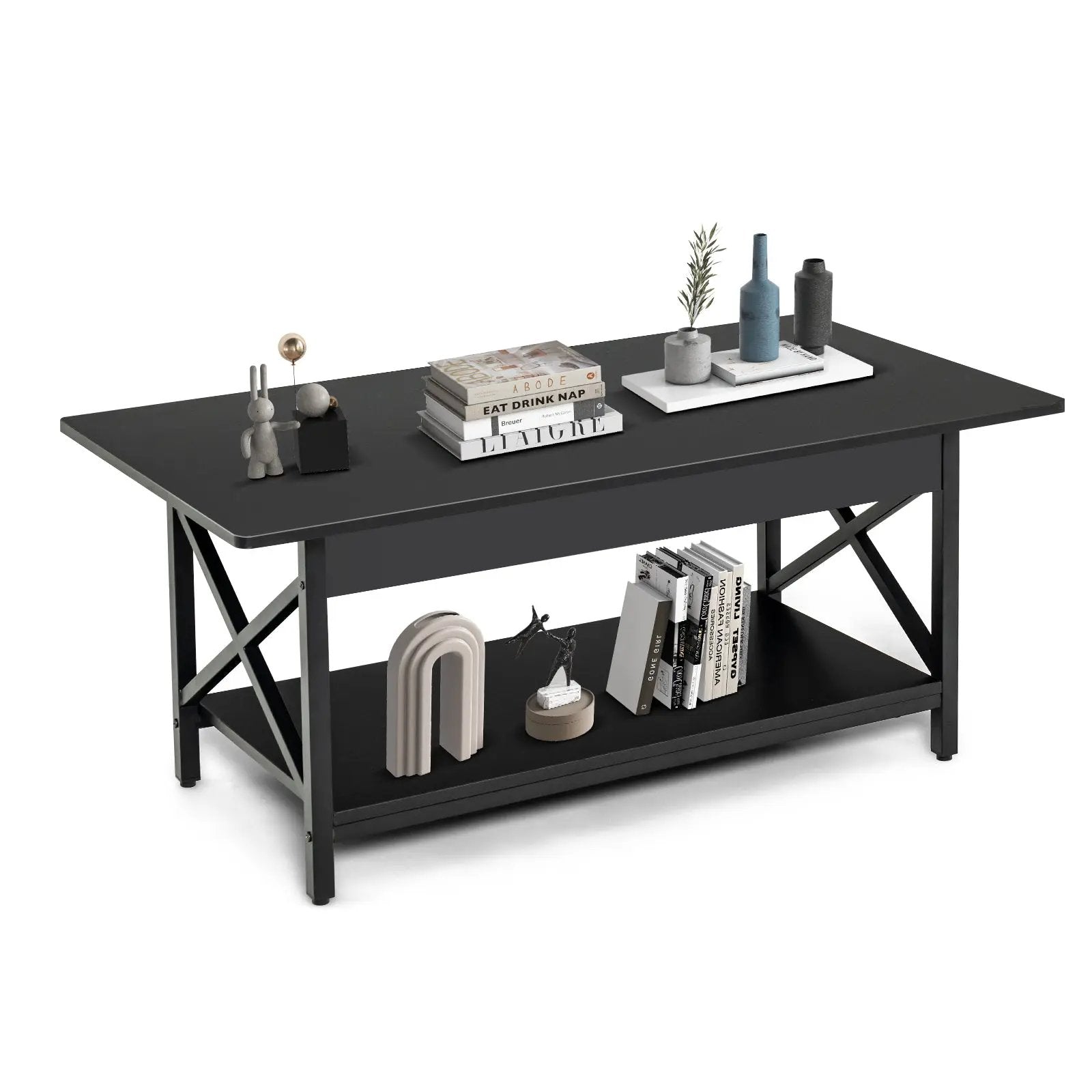 2-Tier Rectangle Coffee Table with Storage Shelf and X-shaped Metal Frame-Black by DirectDeals