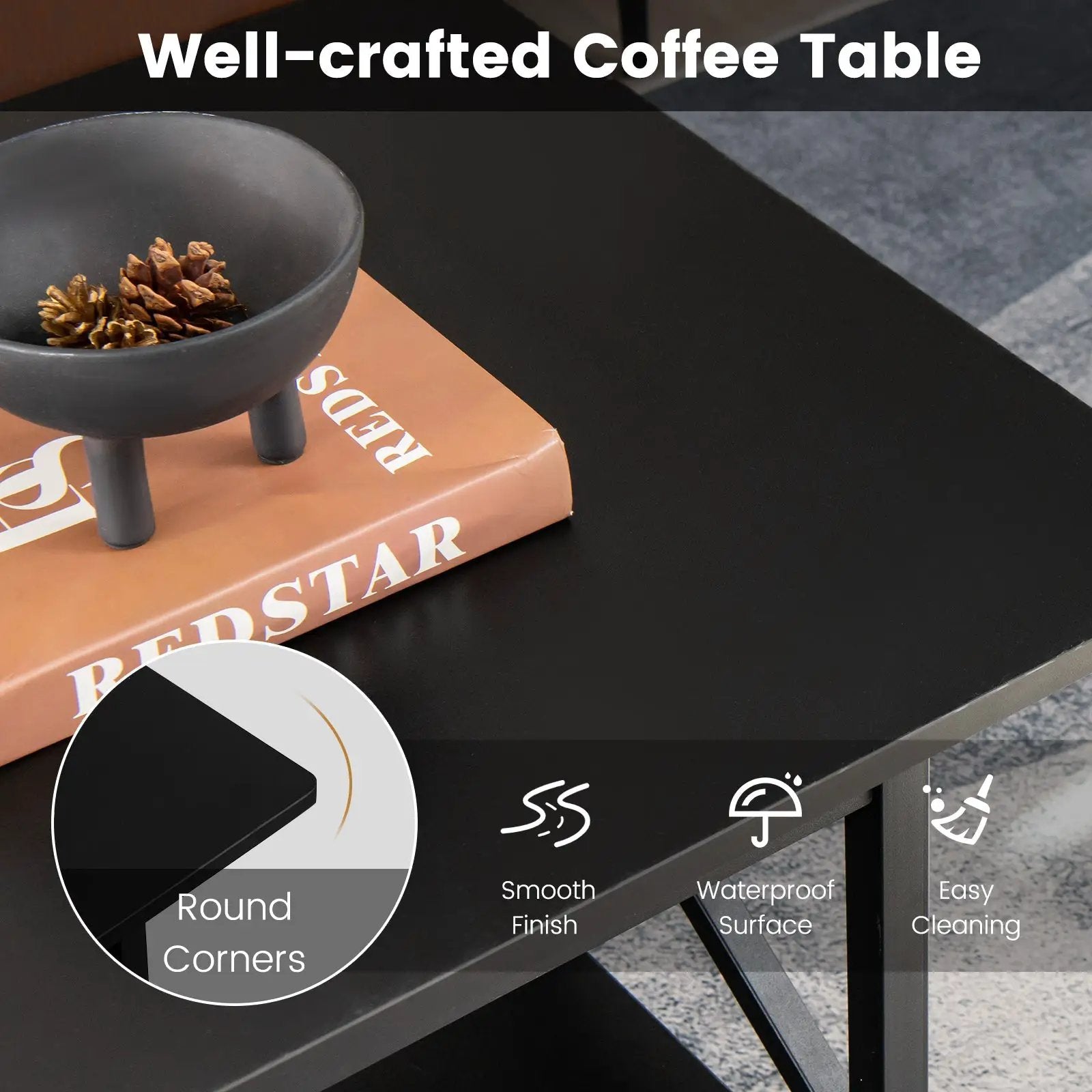 2-Tier Rectangle Coffee Table with Storage Shelf and X-shaped Metal Frame-Black by DirectDeals